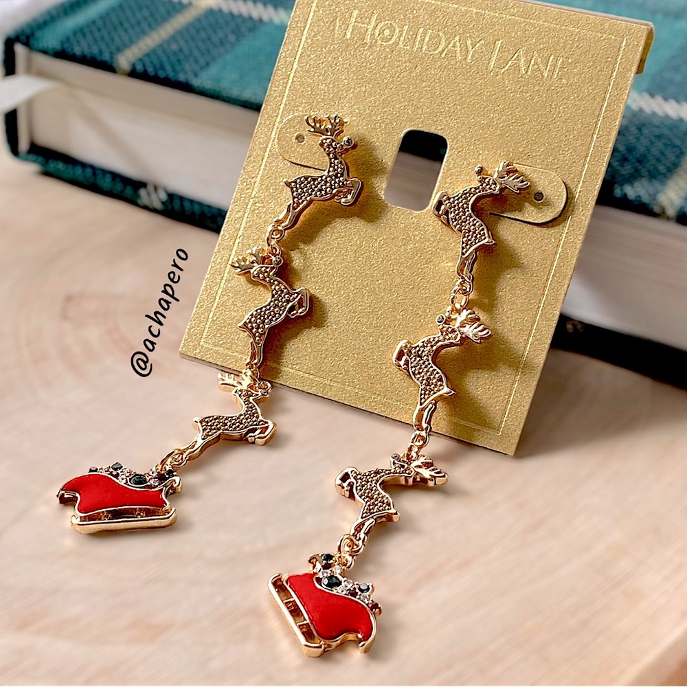 Holiday Lane Reindeer and Sleigh Linear Drop Earrings